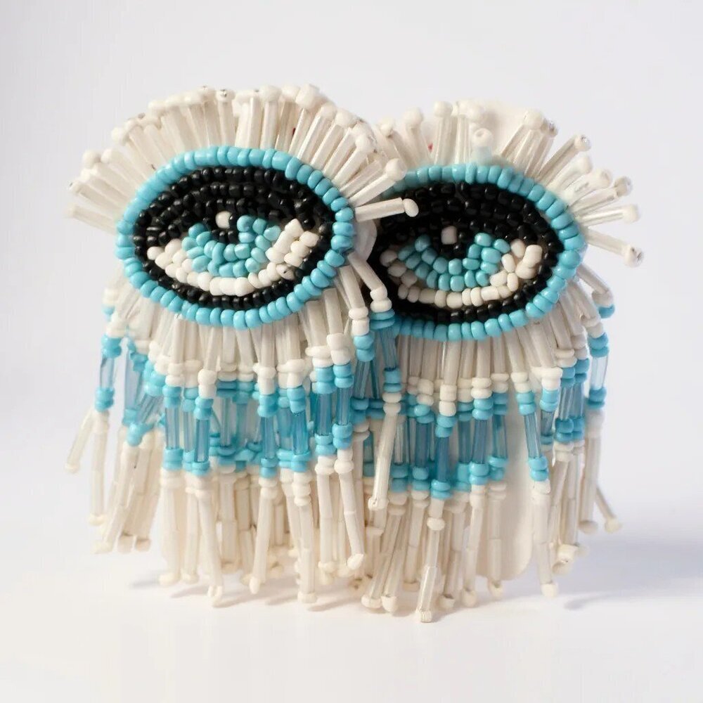 Evil Eye Beaded Fringe Earrings - blue and white